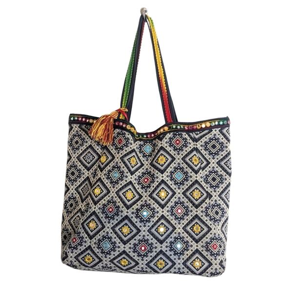 Extra Large Embroidered Patchwork Multicolor Boho Festival Tote Bag Gems - Picture 1 of 11
